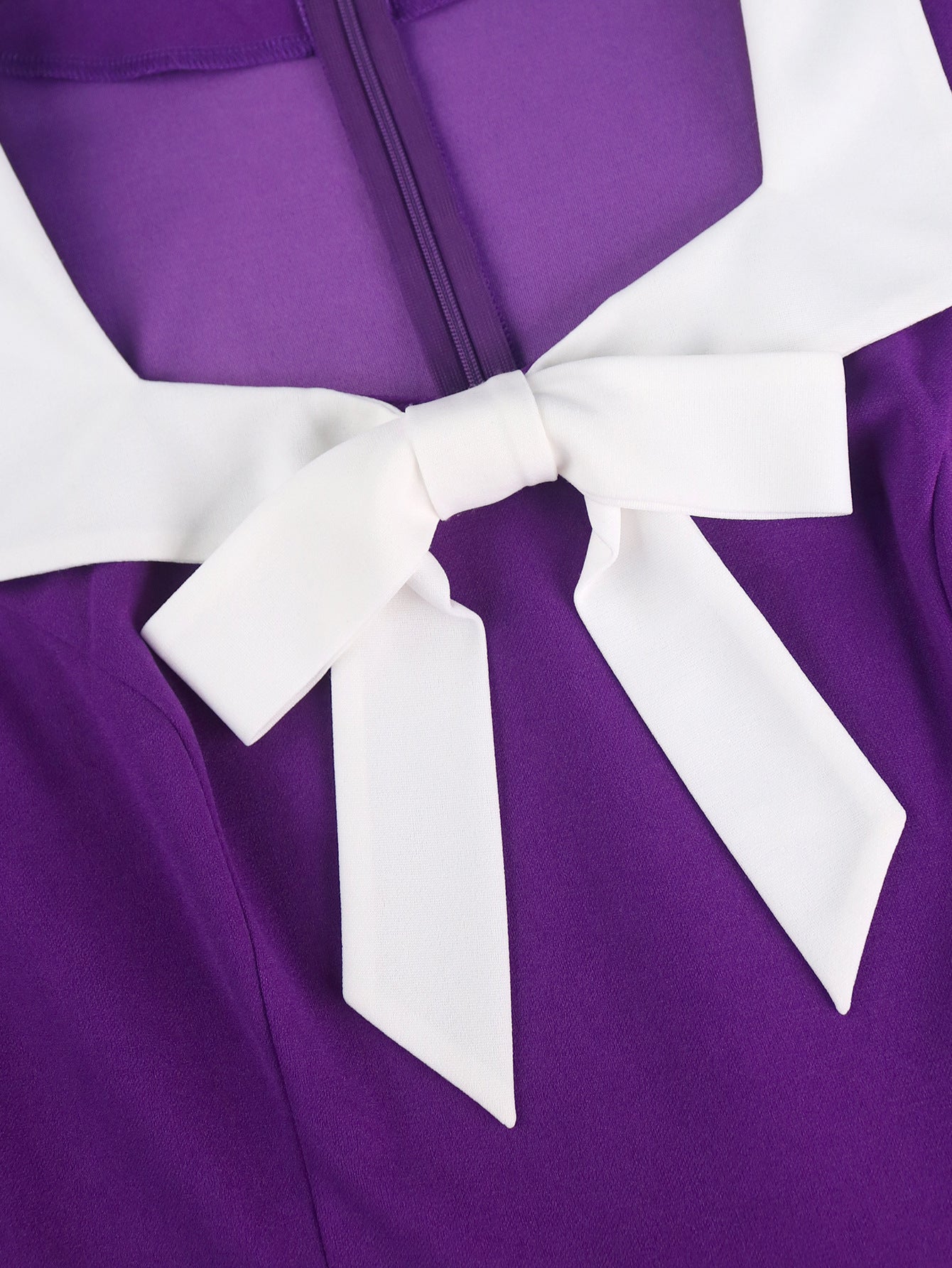 Plus Size Women Elegant Purple Pleated White Bow Square Neck Dress 9