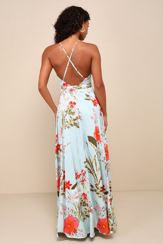 Women V Neck Suspender Printed Backless Slit Casual Holidays Beach Maxi Dress