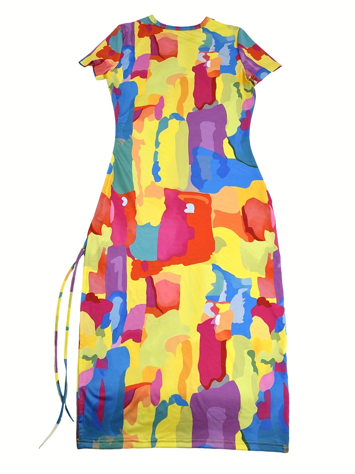 Sexy Multicolor Print Short Sleeve Drawstring Irregular Casual Dress 5