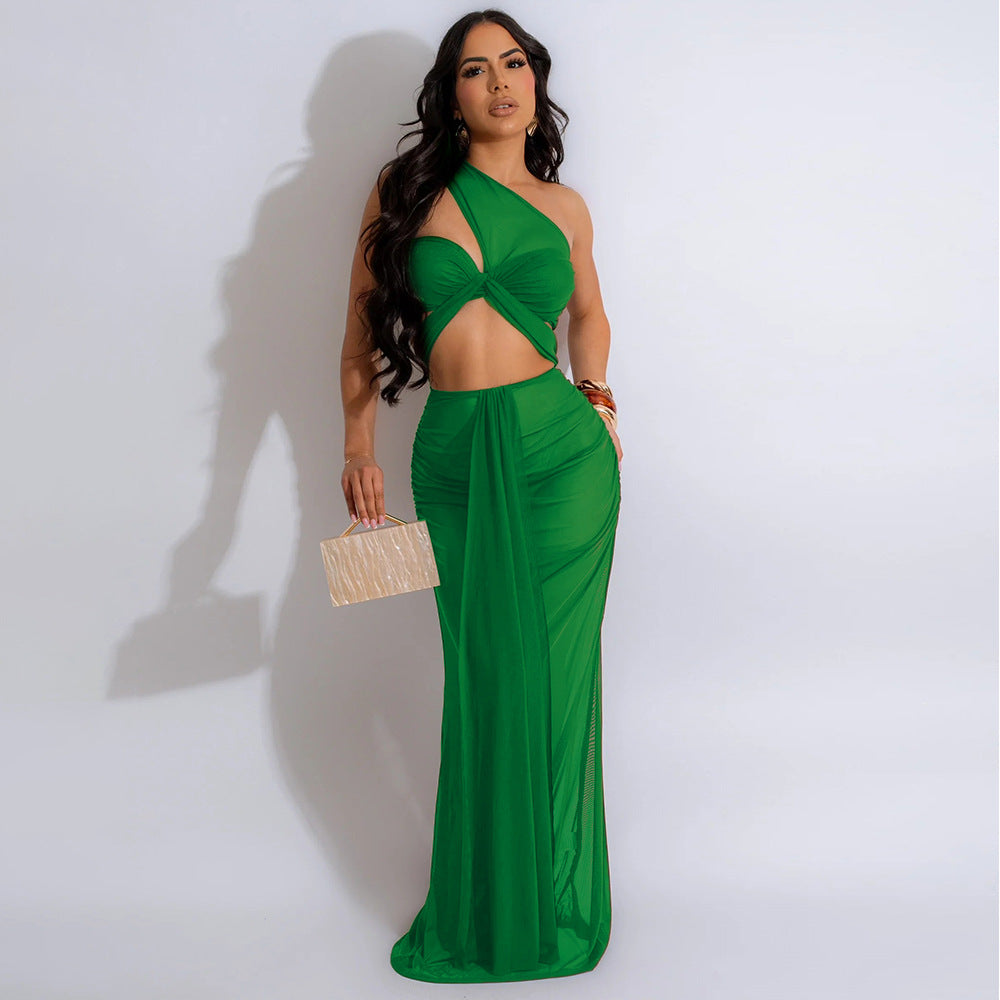 Fashionable Sexy See-Through Mesh Irregular Long Dress Including Underwear