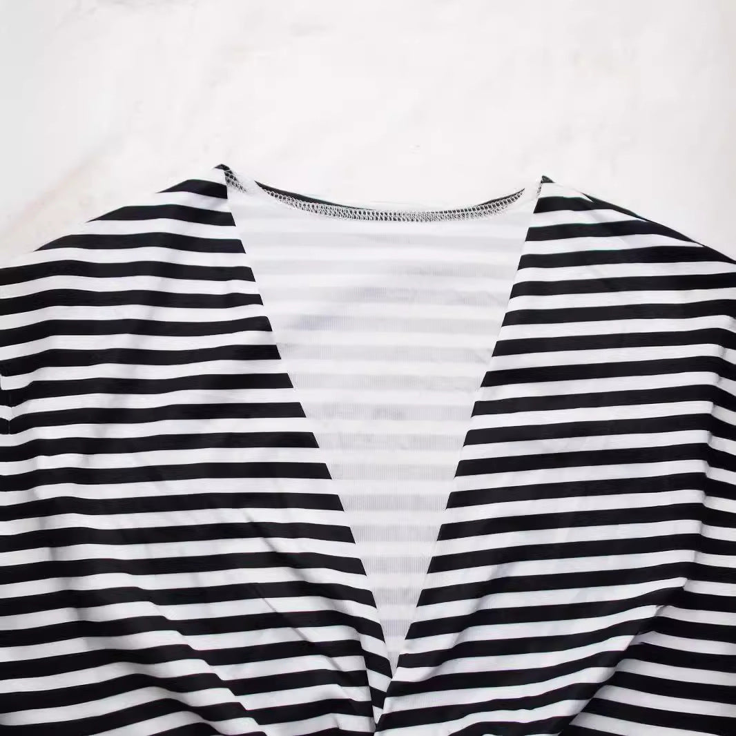 Plus Size Women summer casual cross loose striped short sleeve maxi dress 5