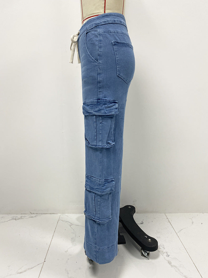 Spring Street Cargo Pants Women Multi-Pocket Wide-Leg Denim Pants 8