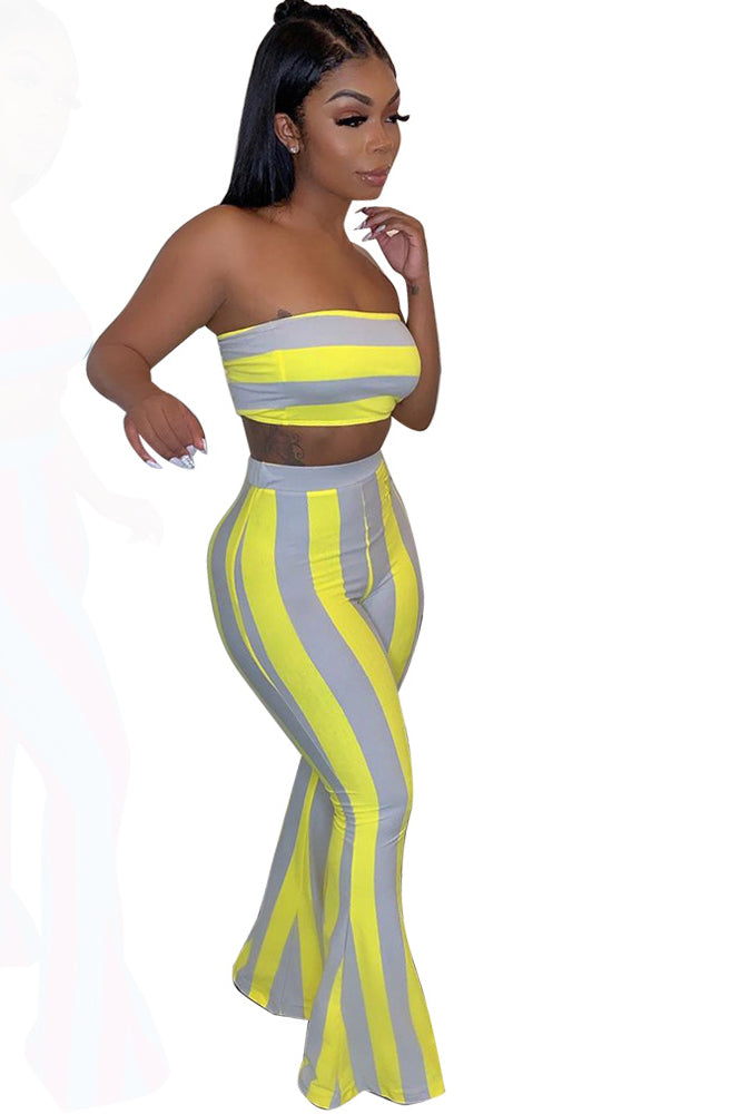 Spring Striped Strapless Crop Top Bell Bottom Pants Set 4