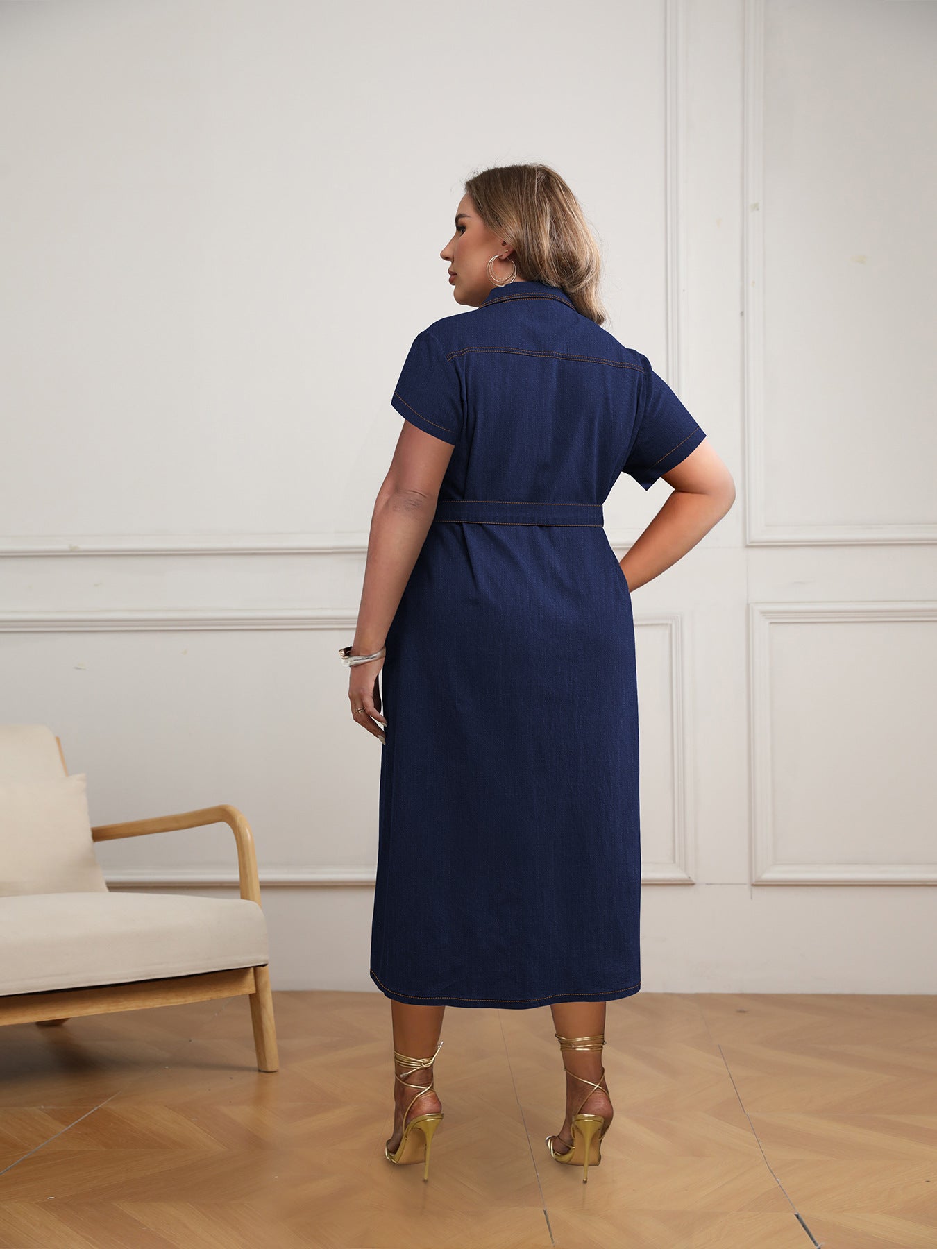 Plus Size Women Winter Turndown Collar Short Sleeve Dress 4