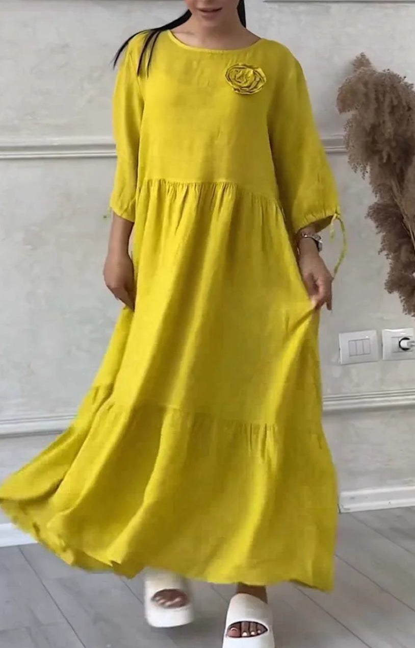 Women's Round Neck Pleated Long Sleeve Drawstring Back Tie Solid Color Casual Loose Dress 16