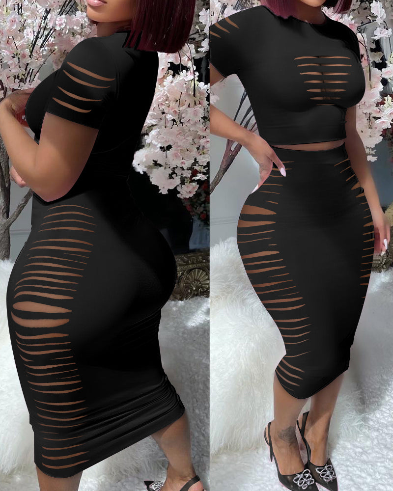 Women's Print Short Sleeve Top Tight Fitting Midi Skirt Two Piece Set