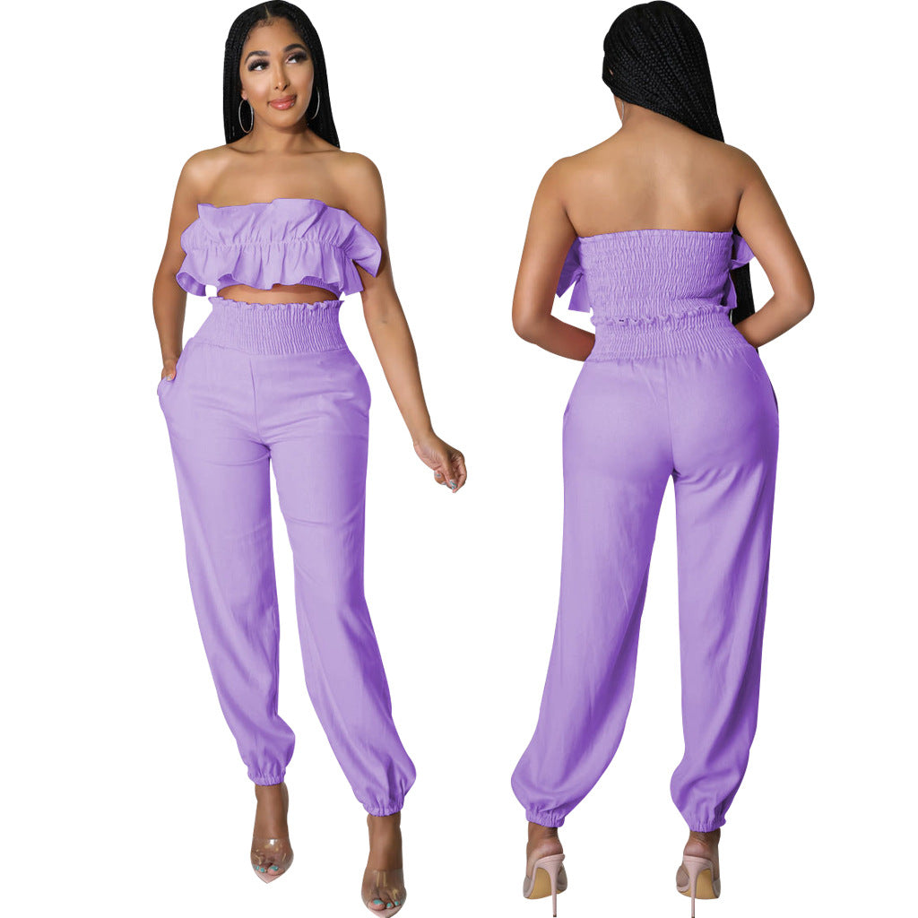 Sexy Fashion Elastic Solid Color Strapless Two-Piece Pants Set 15