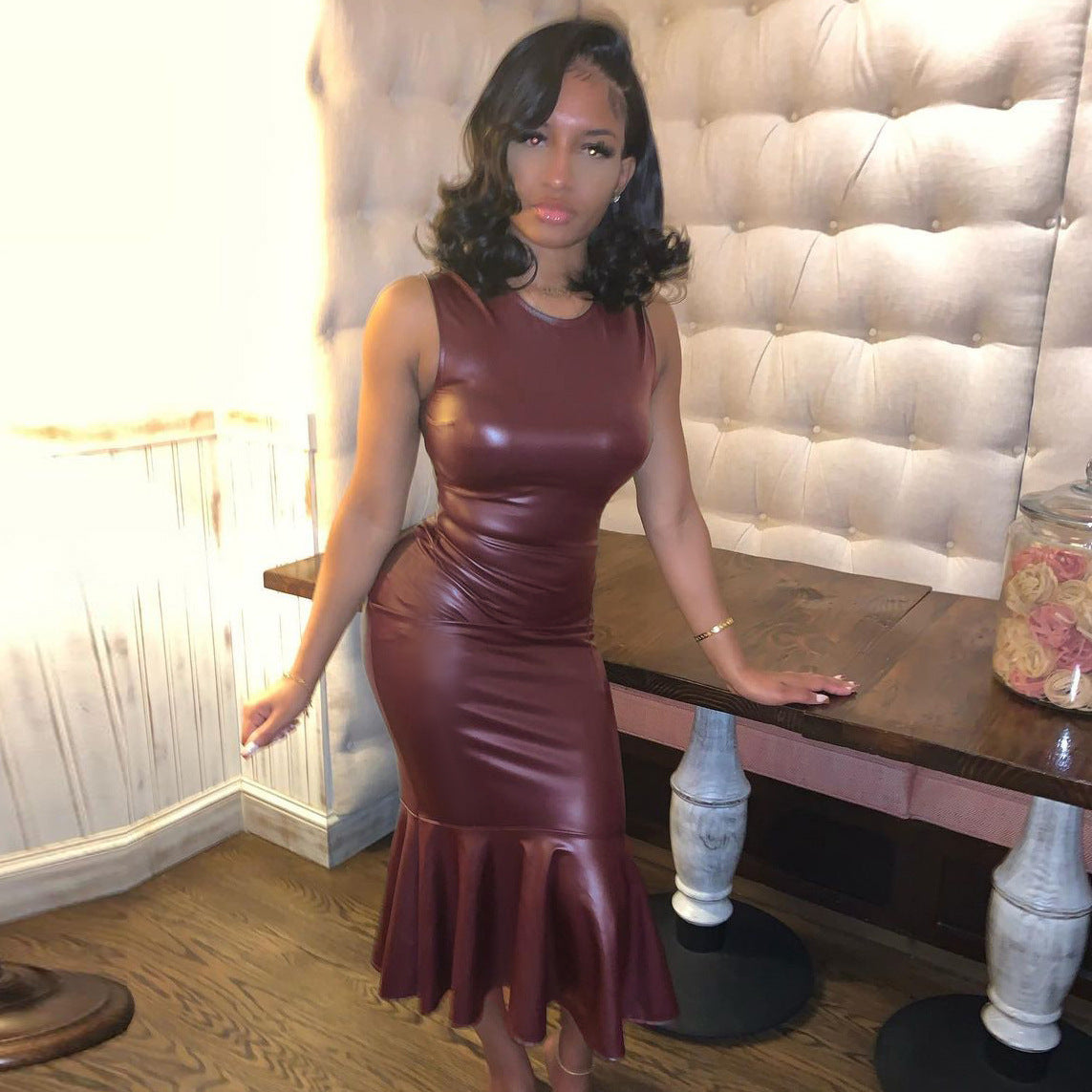 Women PU Leather Round Neck Sleeveless Bodycon Pleated Mermaid Dress 6
