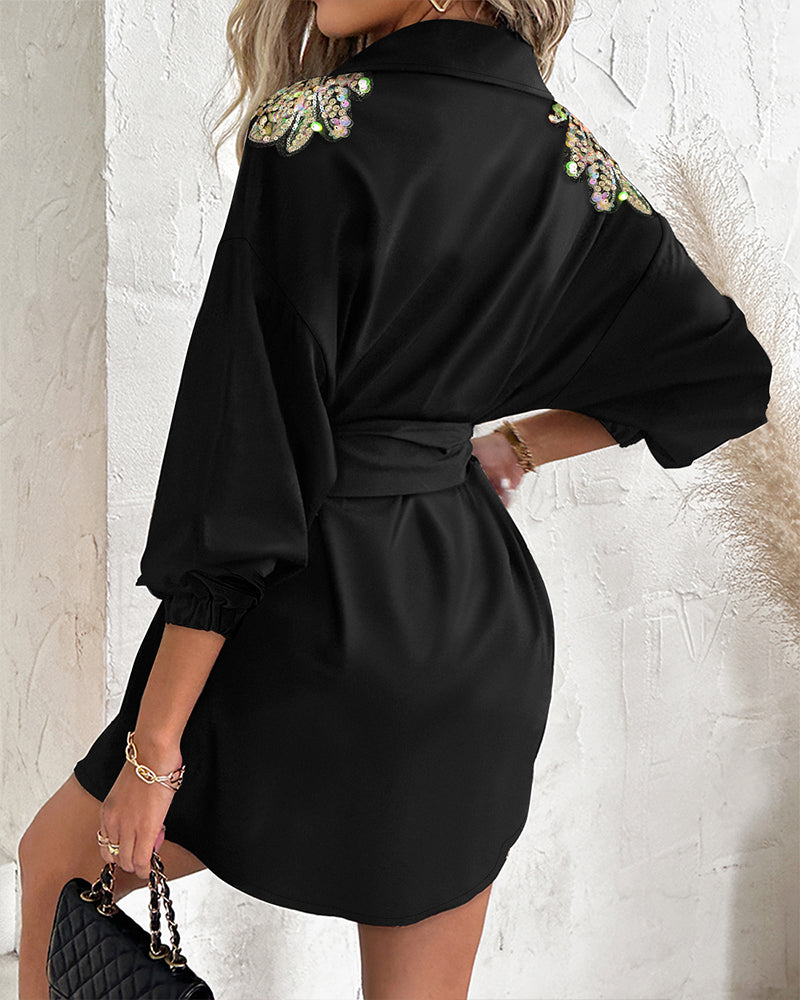 Women Sexy Wing Sequin Long Sleeve Shirt Dress
