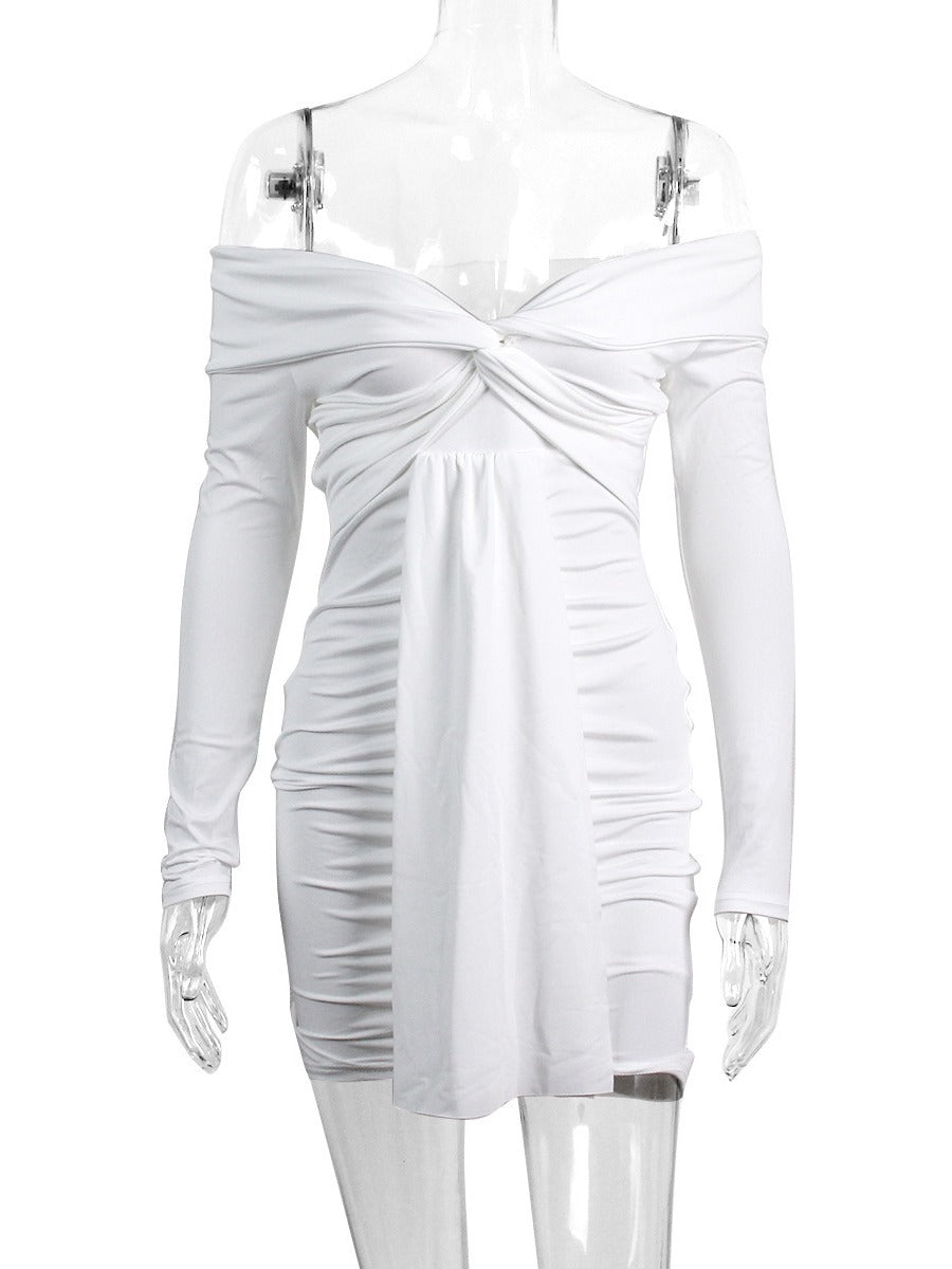 Spring Women's Long-Sleeved Sexy V-Neck Off-The-Shoulder Pleated Dress 9