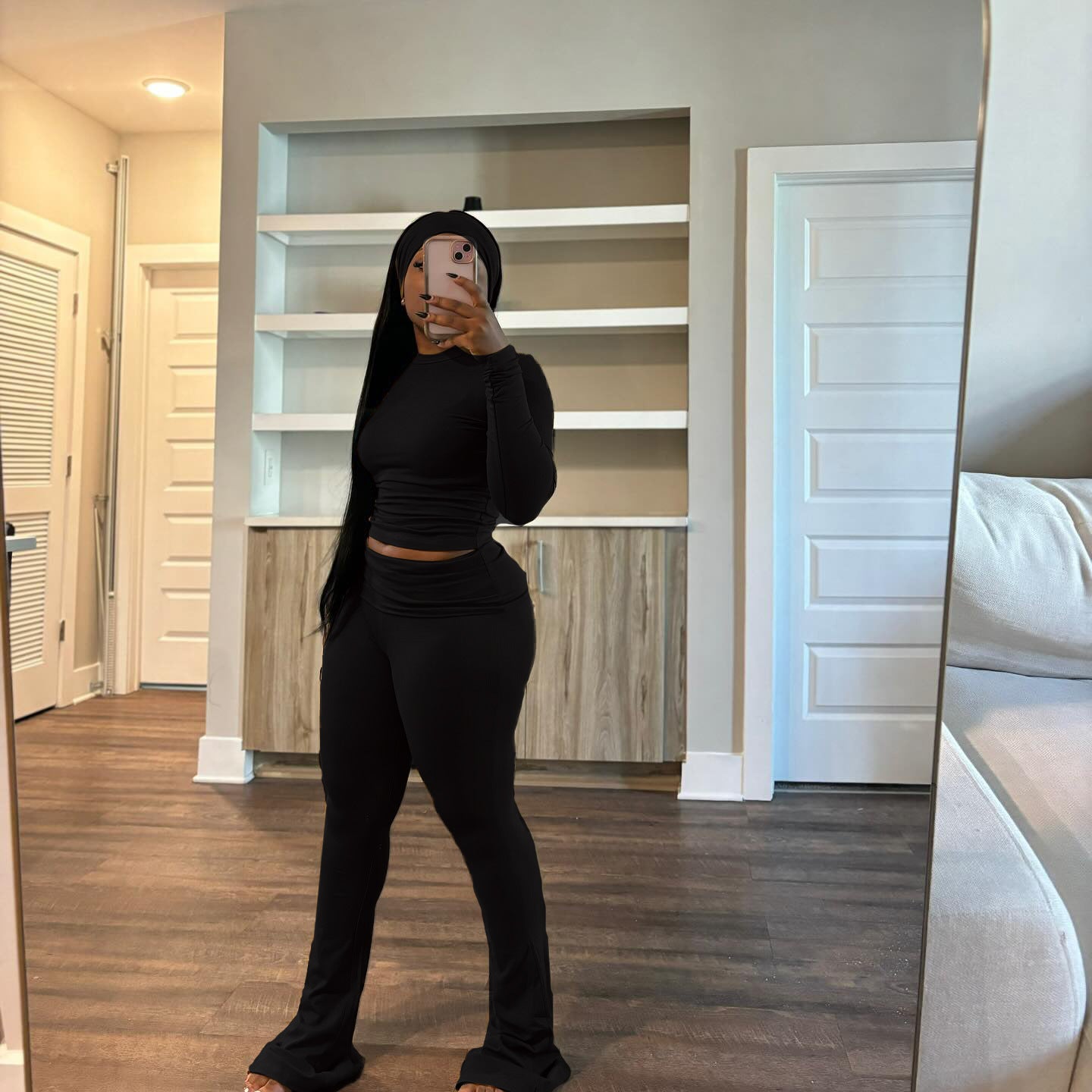 Tight Fitting Solid Color Sexy Slim Elastic Band Turban Two Piece Pants Set 3