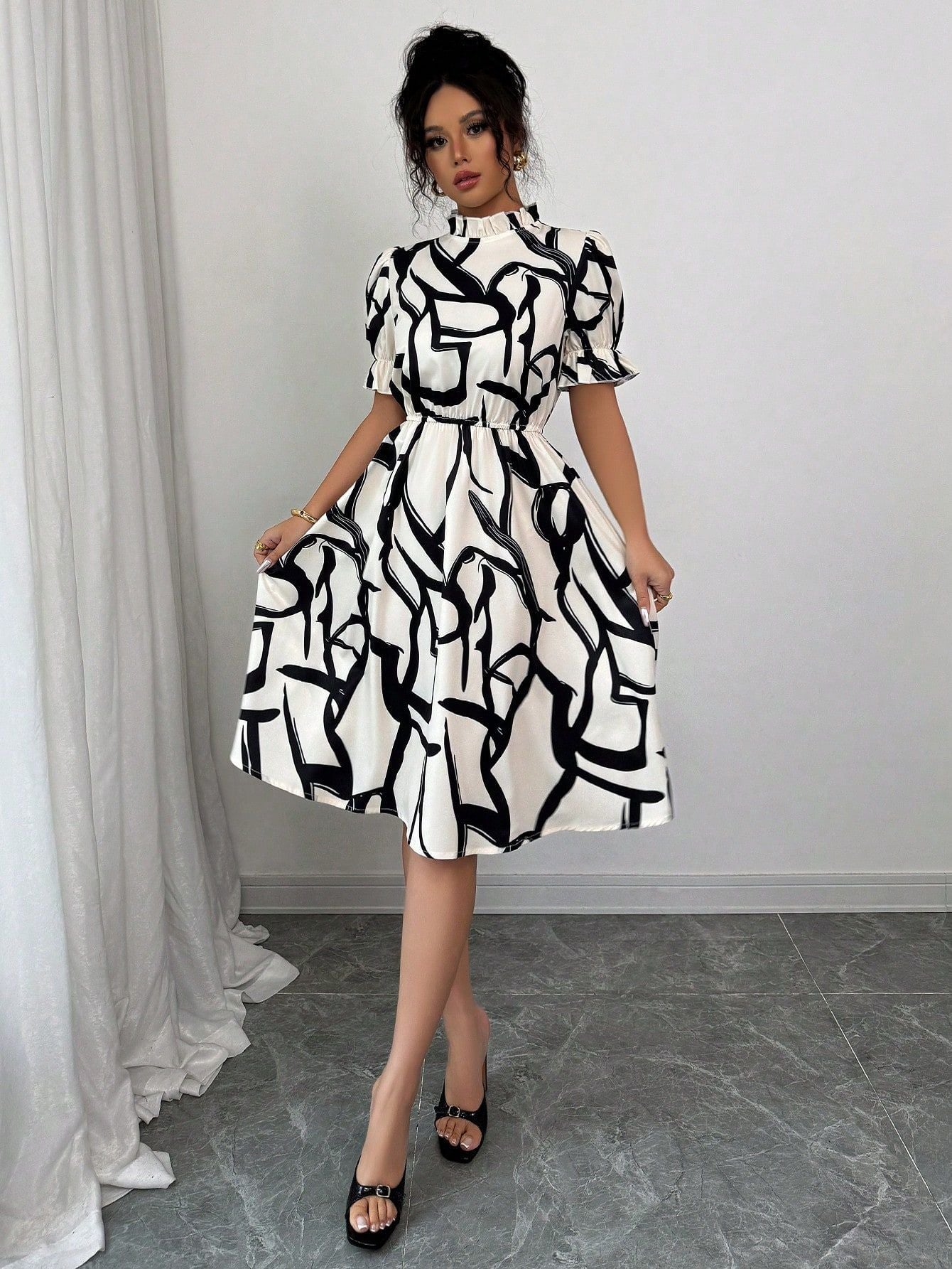 Women's Spring Summer Fashion Elegant Tie Waist Ruffled Collar Puff Sleeve A-Line Print Dress