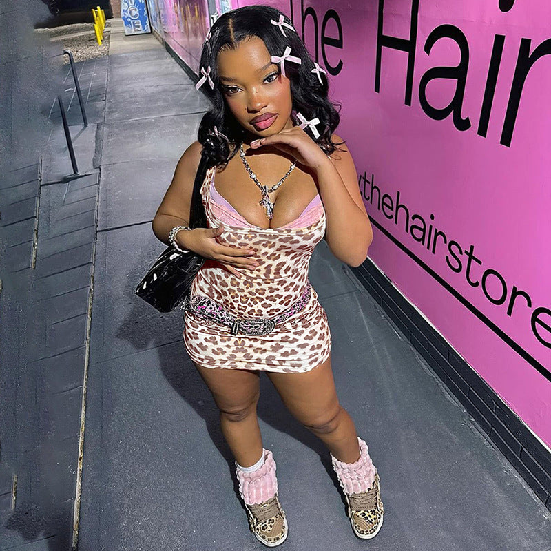 Women's Spring Sexy Lace Patchwork V-Neck Bodycon Leopard Dress 7