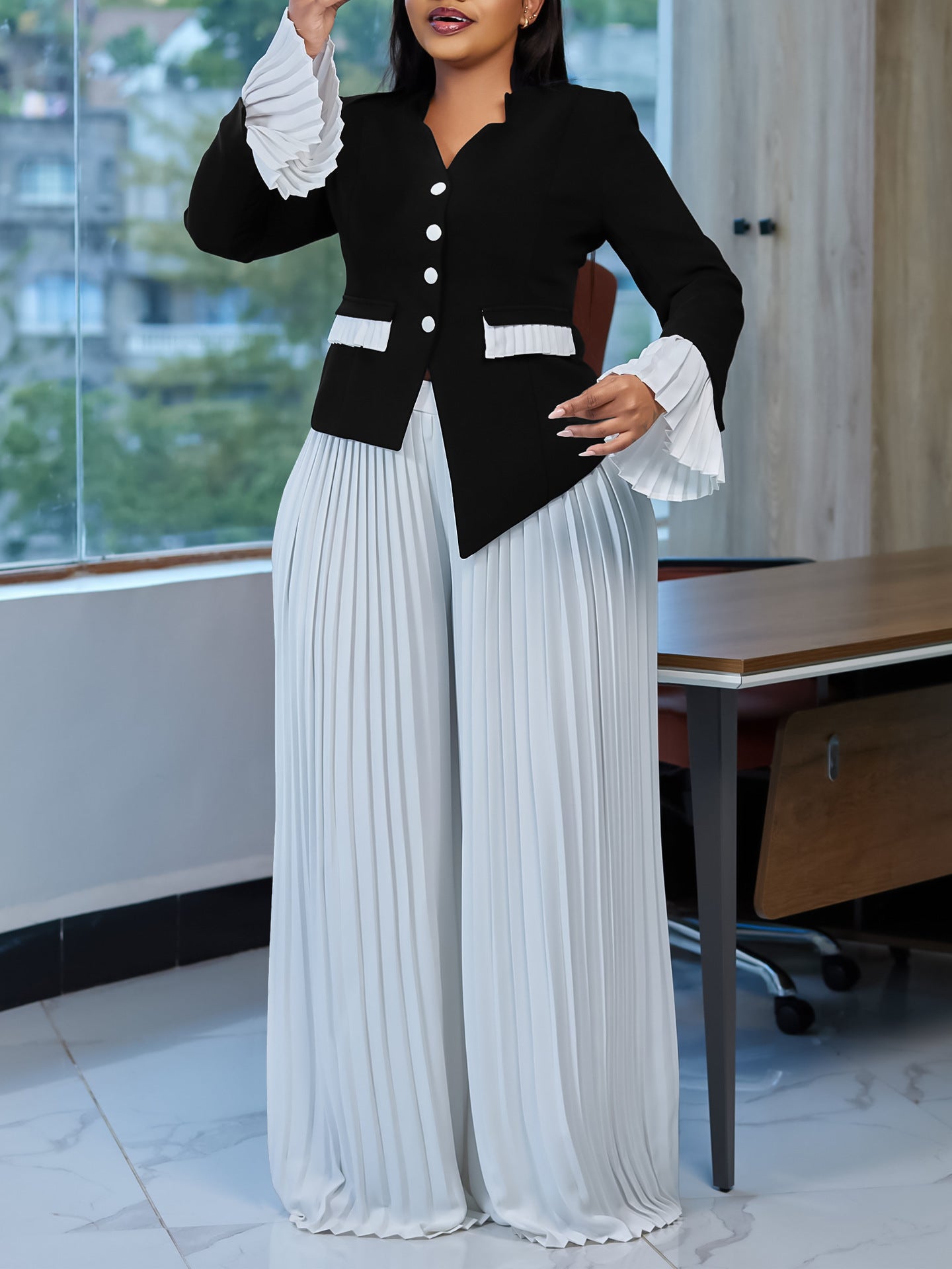 Plus Size Summer Fashion Bell Sleeve Top Pleated Wide-Leg Pants Two-Piece Set 6