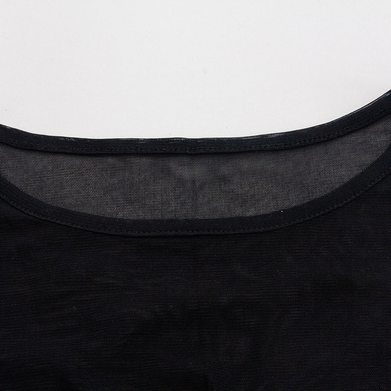 Spring Solid Color Long Sleeve Mesh Patchwork Sexy High Waist Women's Two Piece Pants Set 13