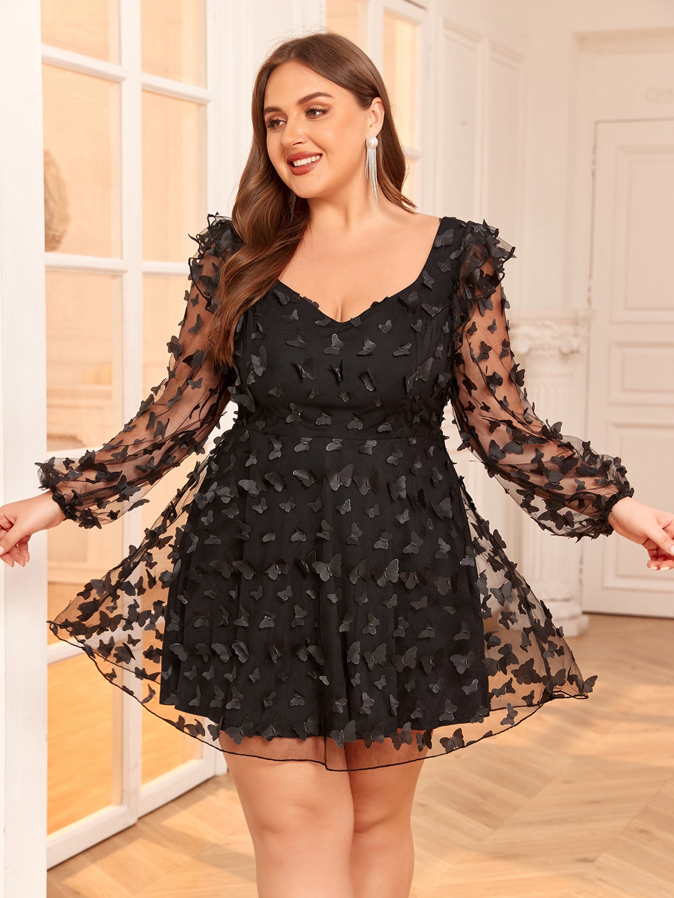 summer Plus Size women's mesh pattern Slim Waist dress 5