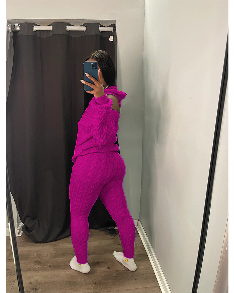 Women's Fashion Solid Color High Stretch Knitting Hooded Sweater Slim Long Pants Two Piece Set 19