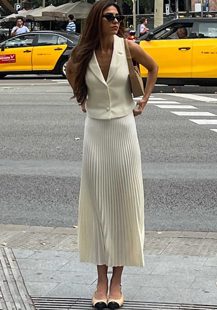 Women's Summer Turndown Collar Vest Top Pleated Skirt Suit