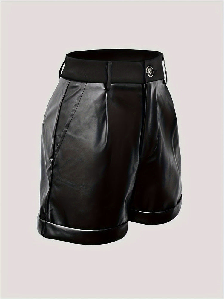 High-Waist Button-Decorated Pocket PU Leather Shorts 6