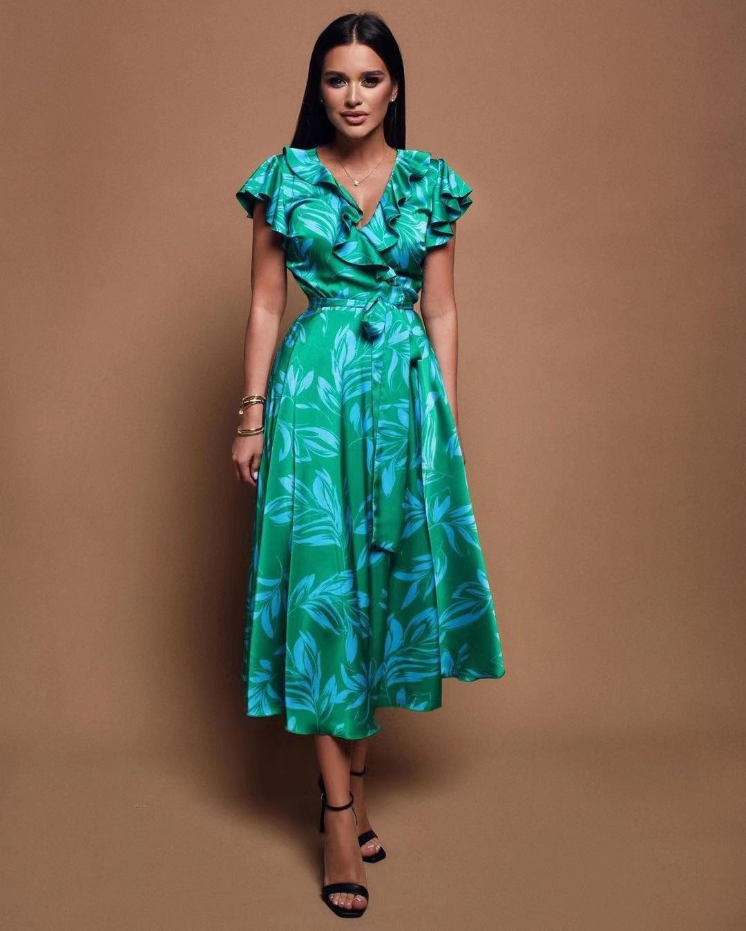 Women printed v-neck puff sleeves leaf slit dress