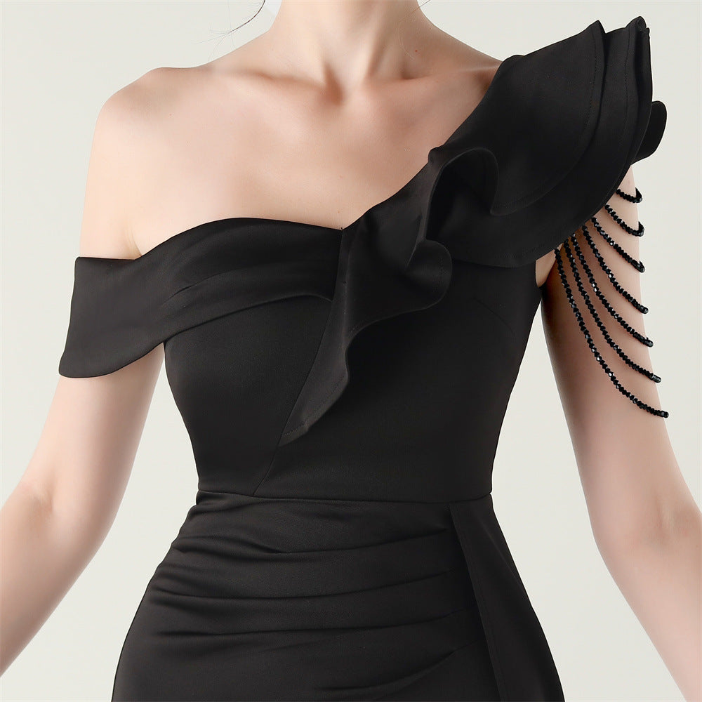 Women pleated one-shoulder beaded ruffle fishtail formal party evening dress 31
