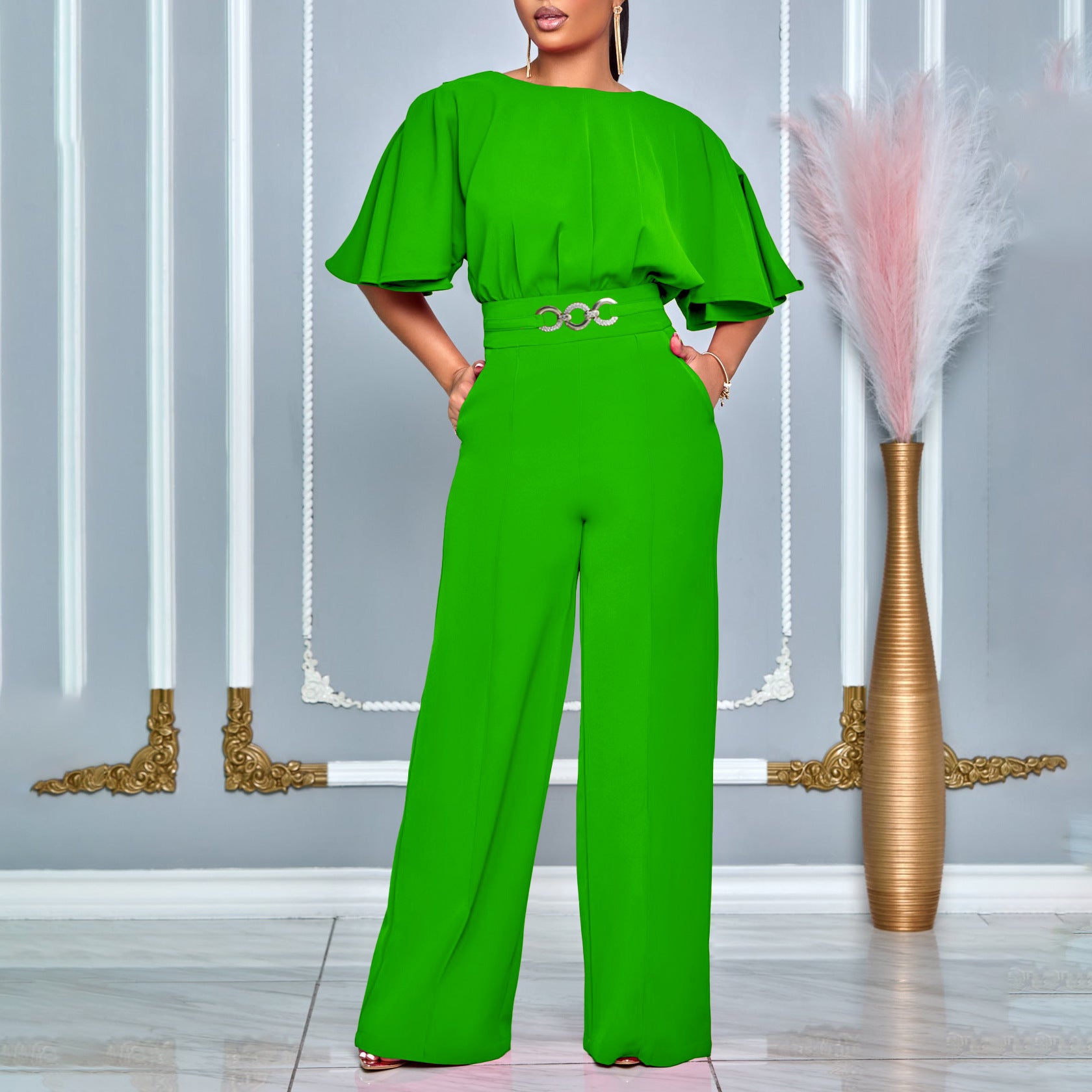 Plus Size African Women Summer Round Neck Solid Wide Leg Jumpsuit 4