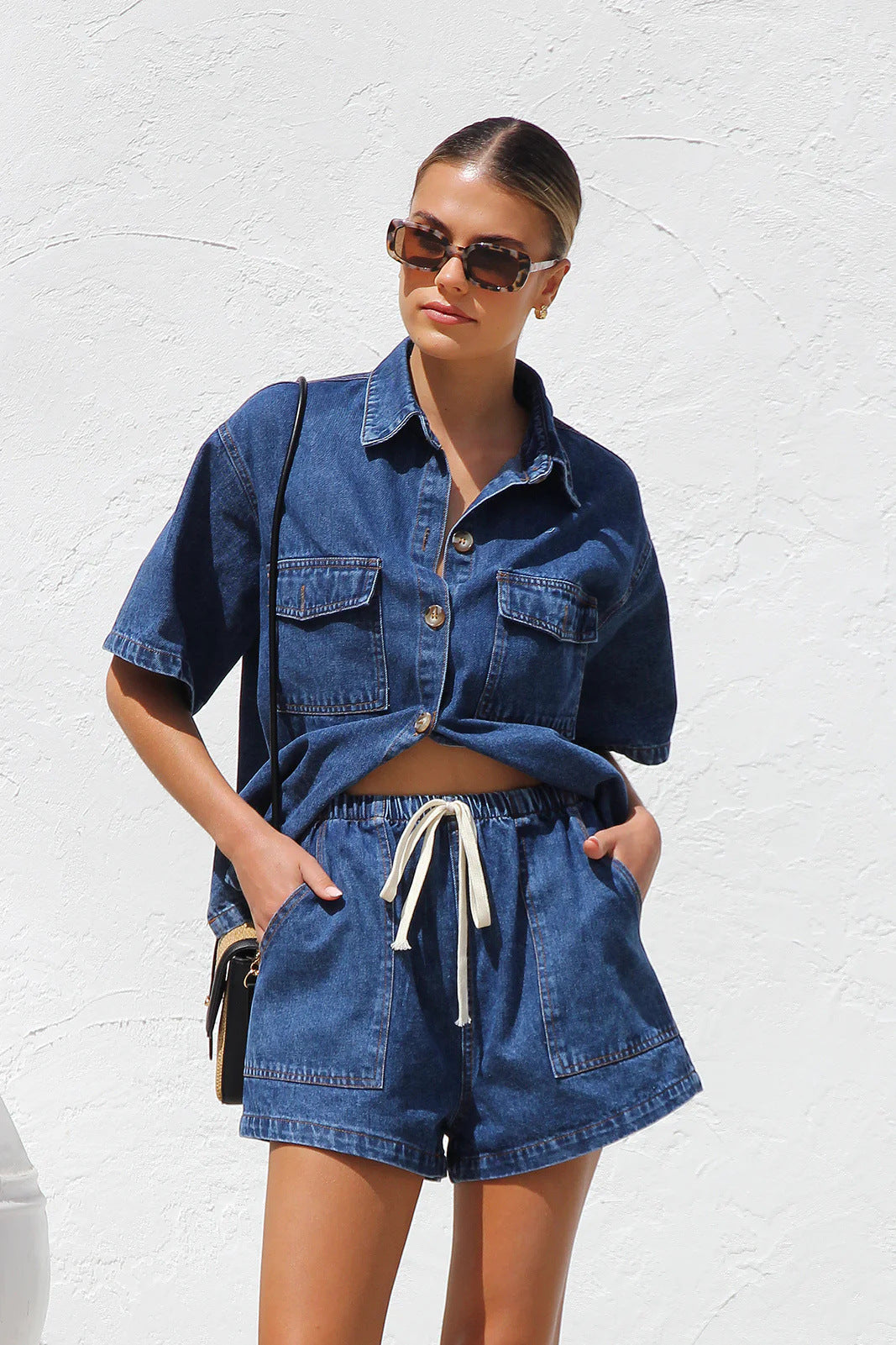 Women Summer Casual Loose Pocket Short Sleeve Shirt and Shorts Denim 2-Piece Set 8