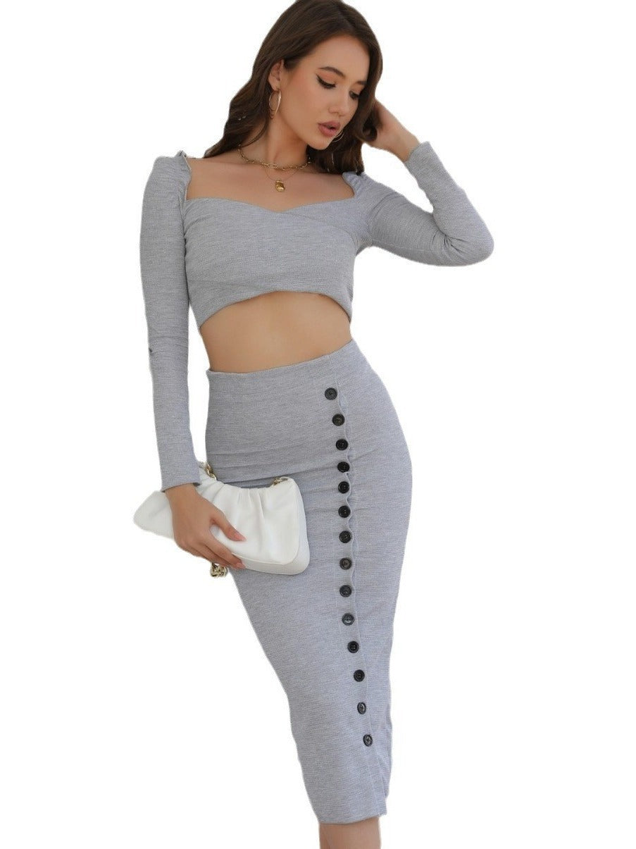 Women sexy knitting long sleeve Crop Top and Bodycon slit dress two-piece set 6
