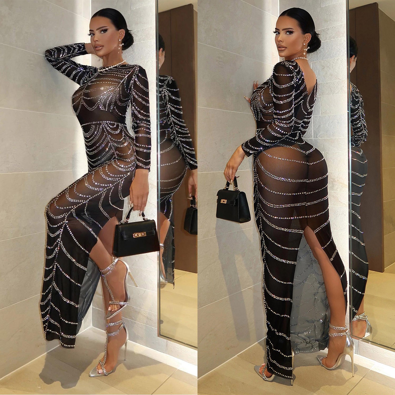 Fall Winter Women'S Fashion Sexy Tight Fitting Long Sleeve Slim Beaded Nightclub Dress