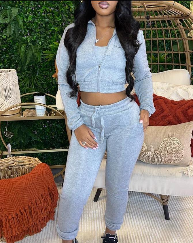 Women zipper Crop Top and Pant two-piece set 11