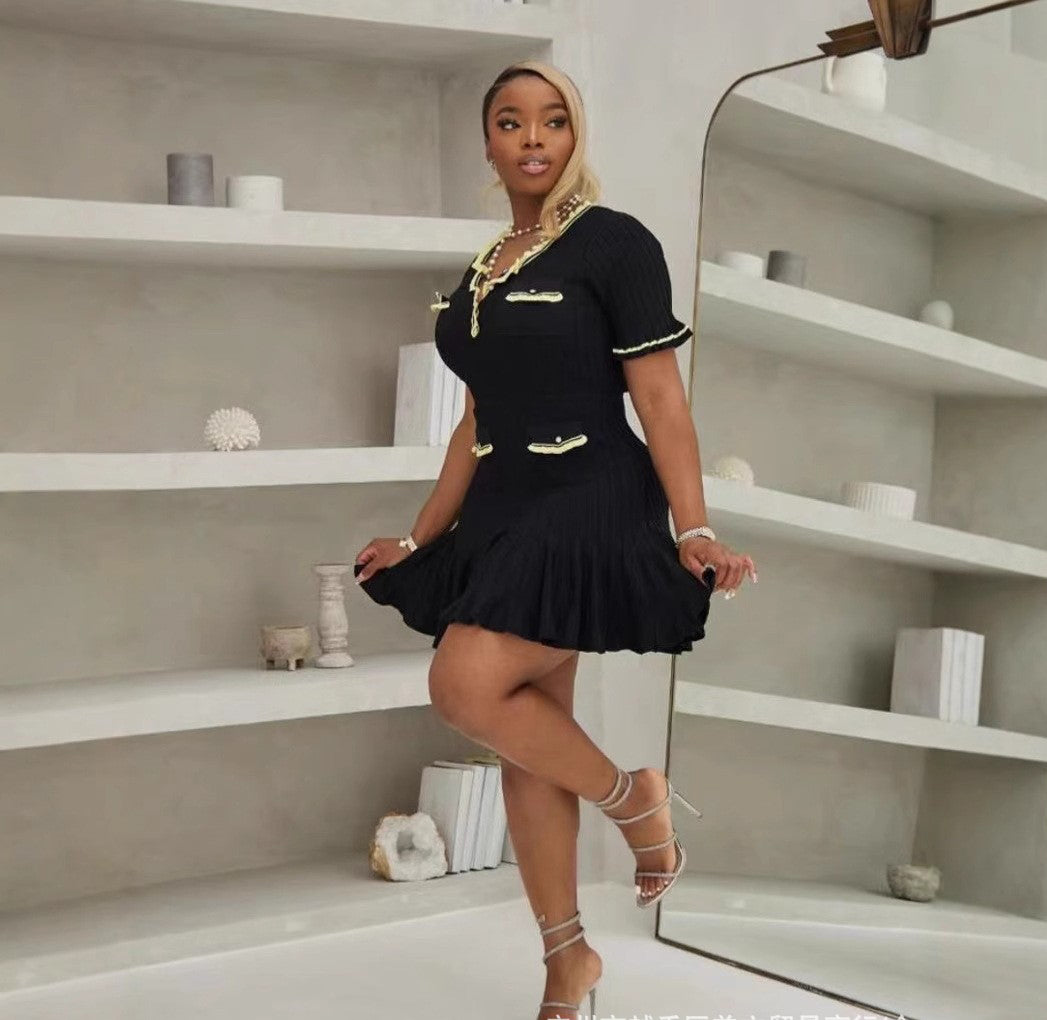 Women's Summer Fashion U-Neck Short Sleeve Ruffle Knit Dress