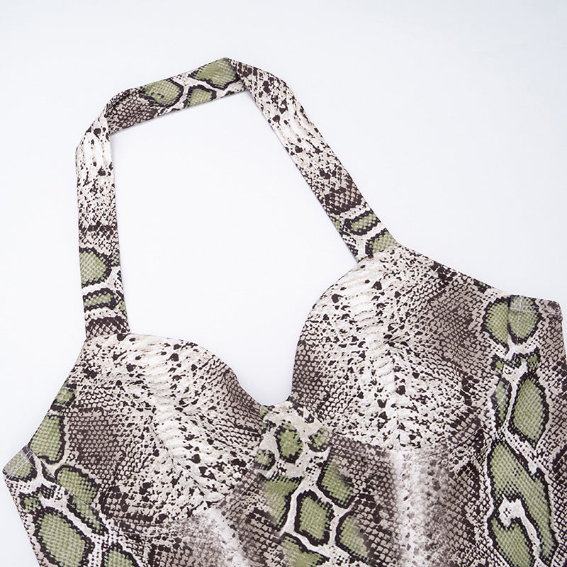 Women Fall Snake Print Halter Neck Sleeveless Top and Pants Two-Piece Set 11