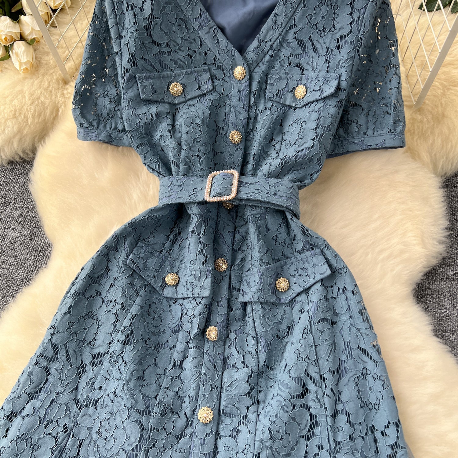 Women French V-Neck Metal Buttoned Mesh Patchwork Lace Ruffle Dress 14