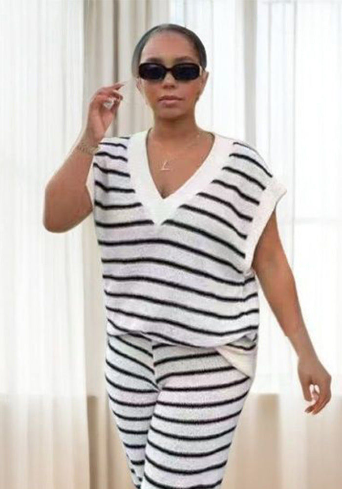 Early Autumn Striped V-Neck Loose Knit Two Piece Pants Set