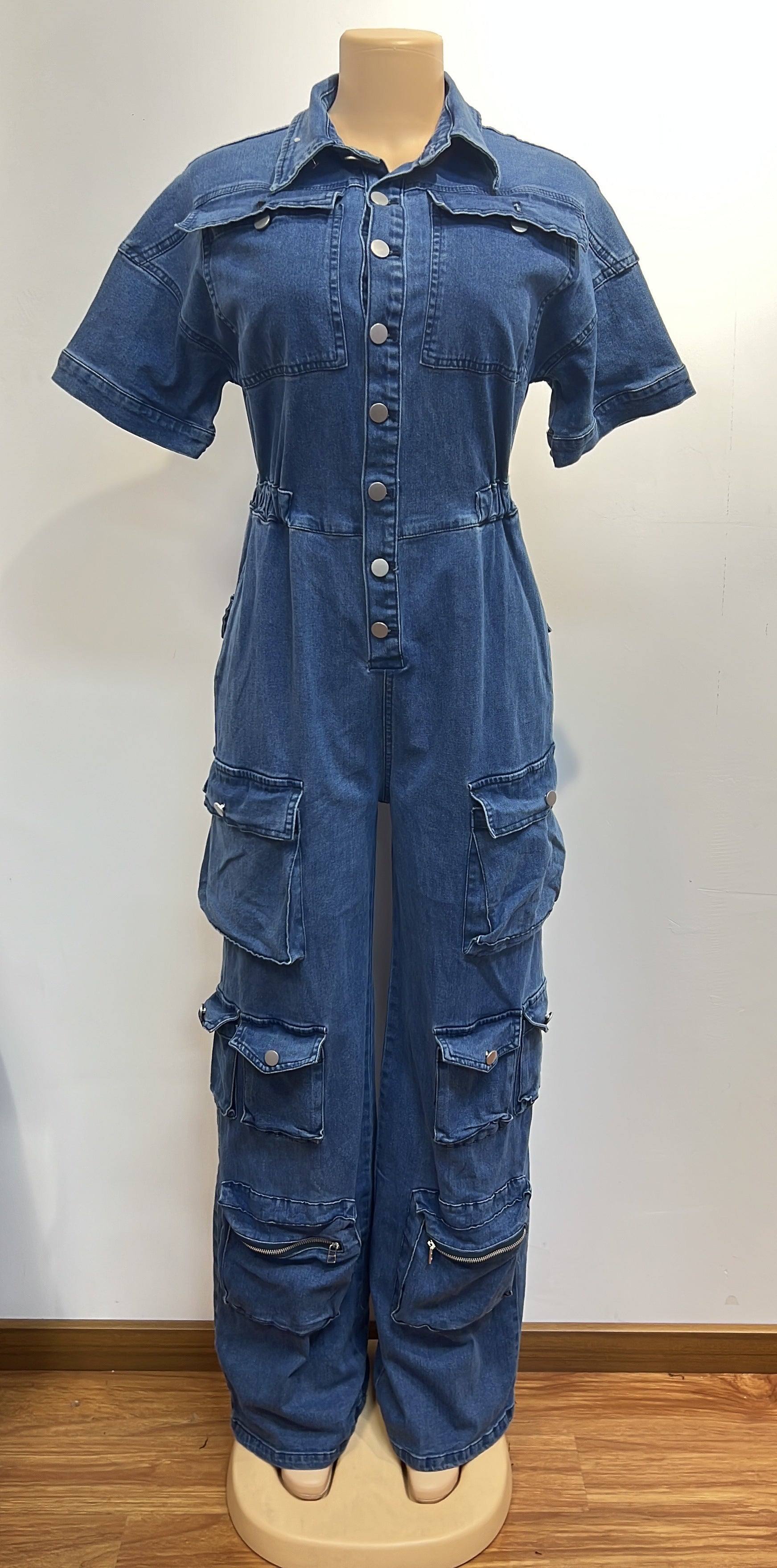 Women Cargo short sleeve Turndown Collar Denim Jumpsuit 10