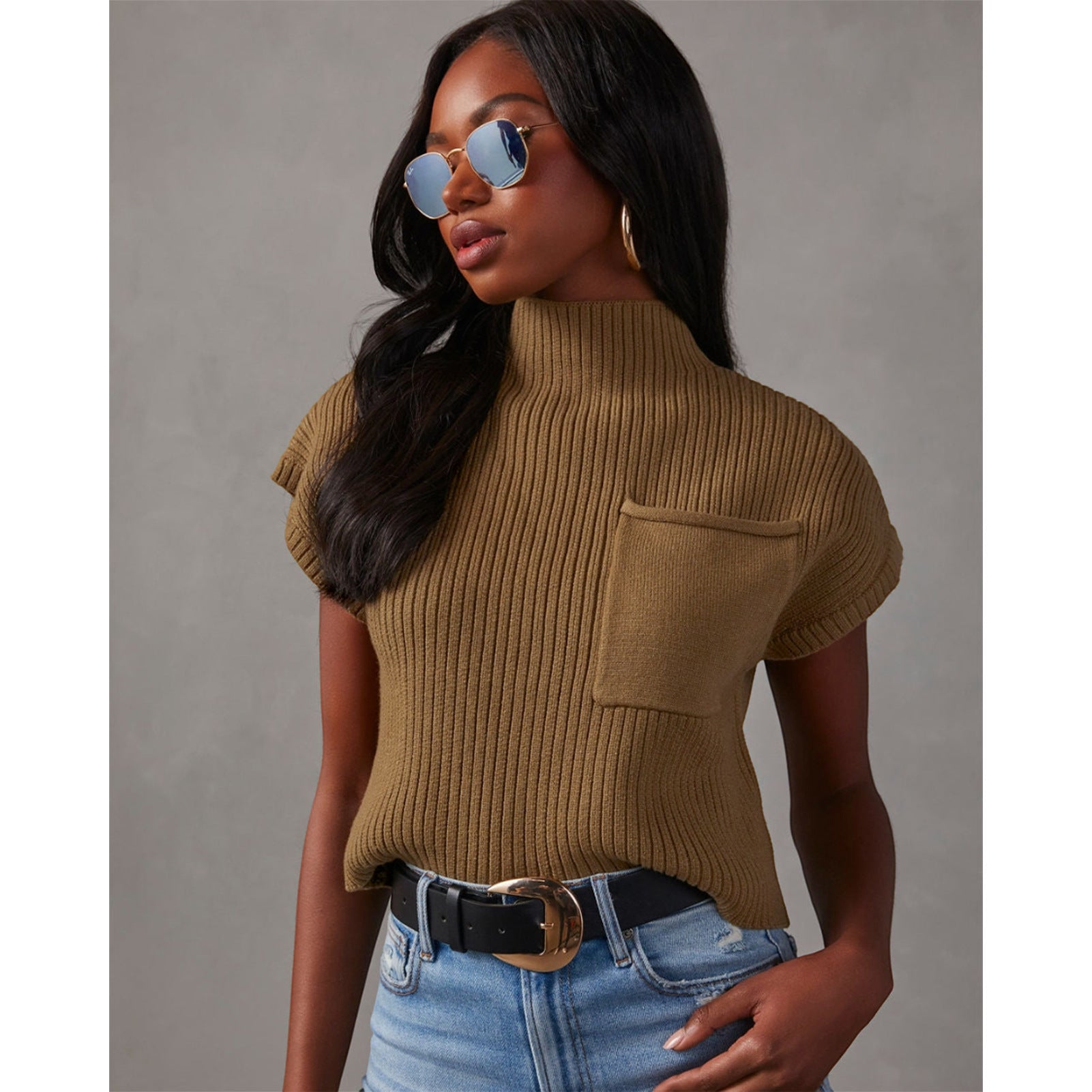 Women's Solid Color Knit Ribbed High-Neck Short Sleeve Top Sweater 7