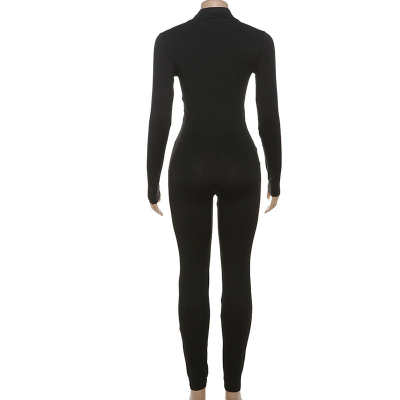 Spring Women's Sexy Tight Fitting V-Neck Long Sleeve Sports Casual Solid Color Jumpsuit 16