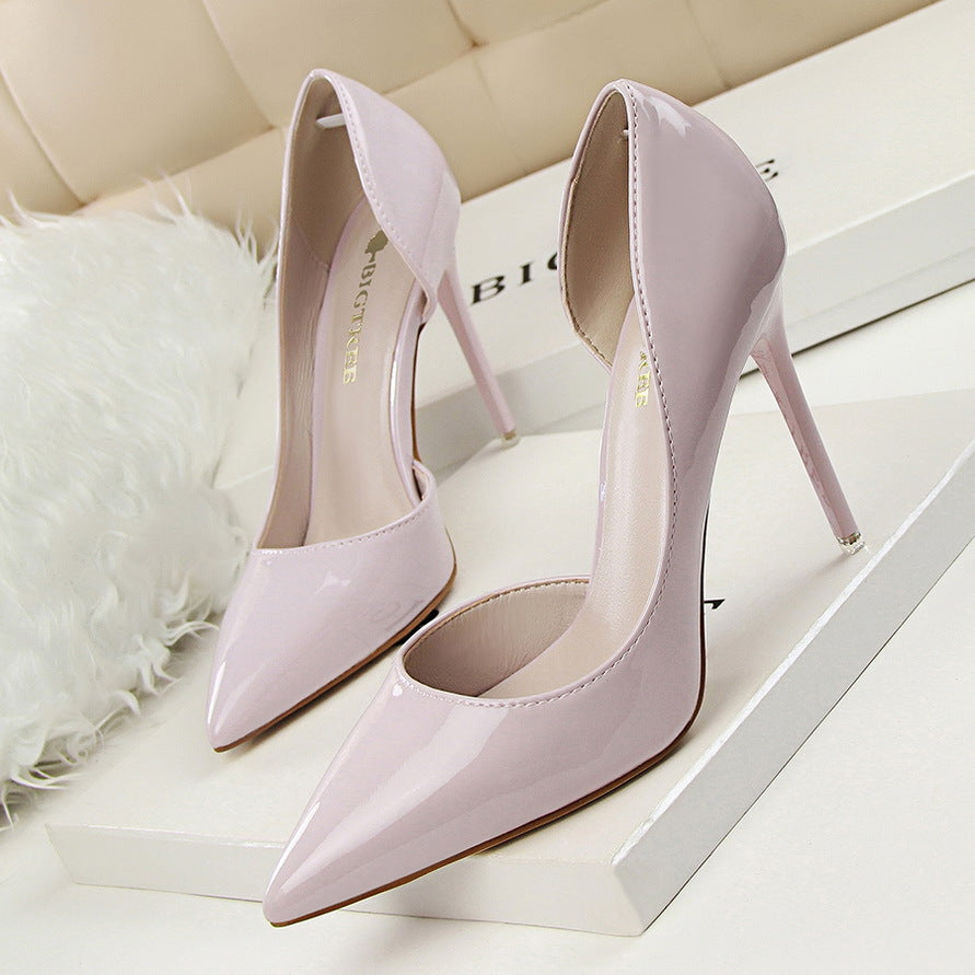 Fashionable High-Heeled Patent Leather Stiletto Shallow Mouth Pointed Toe Hollow Sexy High-Heeled Shoes 10