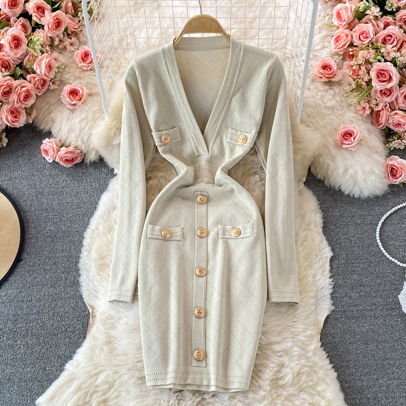 Autumn And Winter Women's V-Neck Long-Sleeved Sweater Dress Slim Fit Bodycon Knitting Dress 5