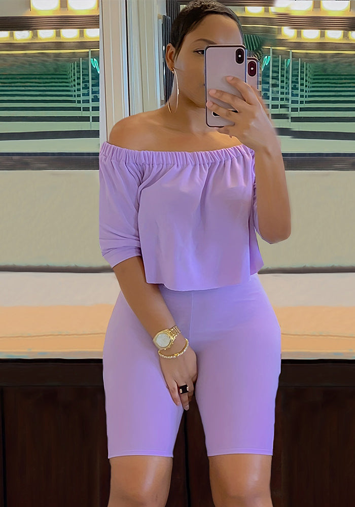 Off-Shoulder Top High-Stretch Shorts Summer Two-Piece Set