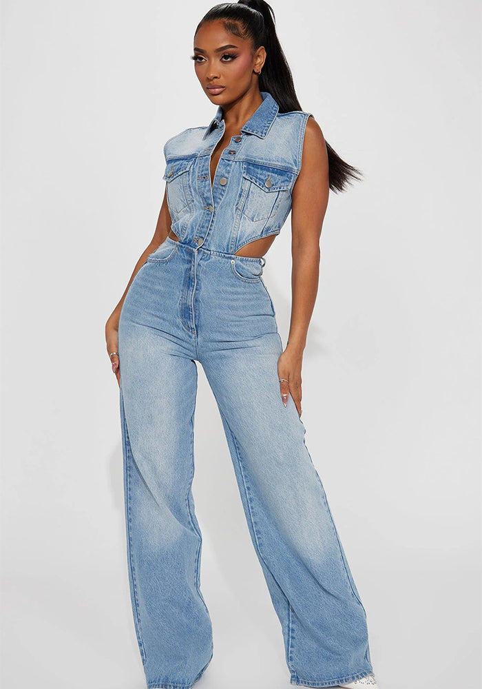 Tight Waist Slim Straight Loose Leg Washed Denim Jumpsuit