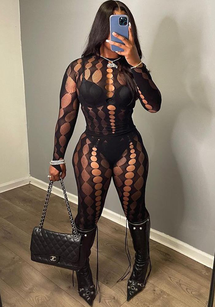 Fashionable Women's Sexy See-Through Mesh Jacquard Bodysuit Pants Two-Piece Set