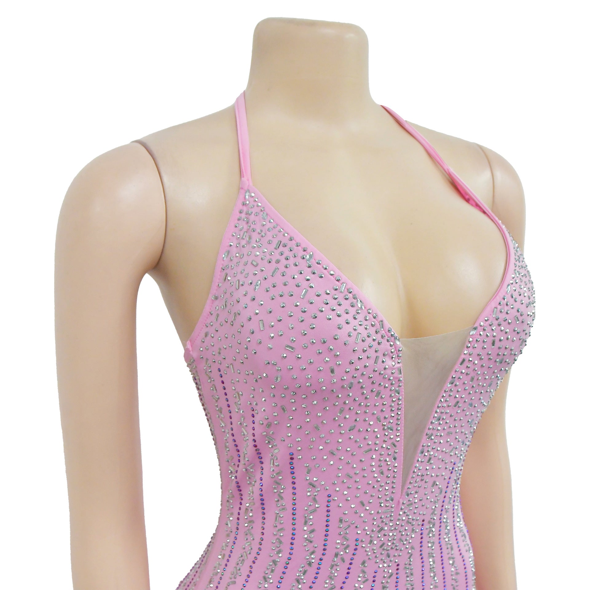 Women's Solid Color Beaded Mesh Feather Lace-Up Dress 19