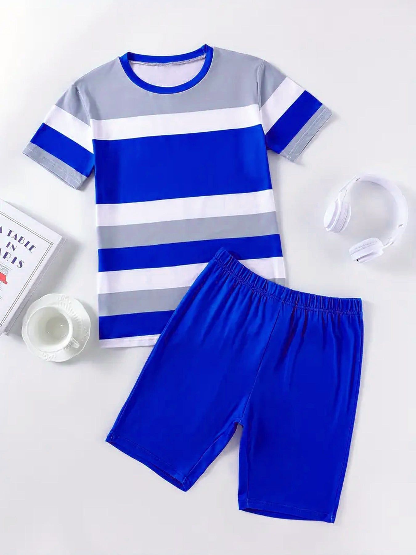 Women's Striped Print Short-Sleeve Sporty Two-Piece Shorts Set 19