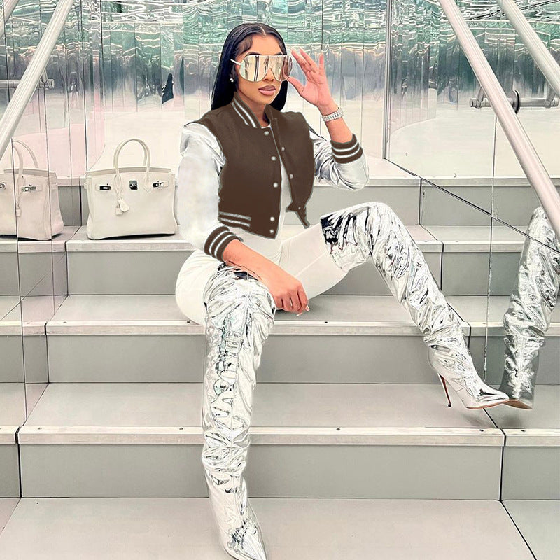 Women Summer Patchwork Pu Leather Long Sleeve Button Down Letter Embroidered Jacket 10