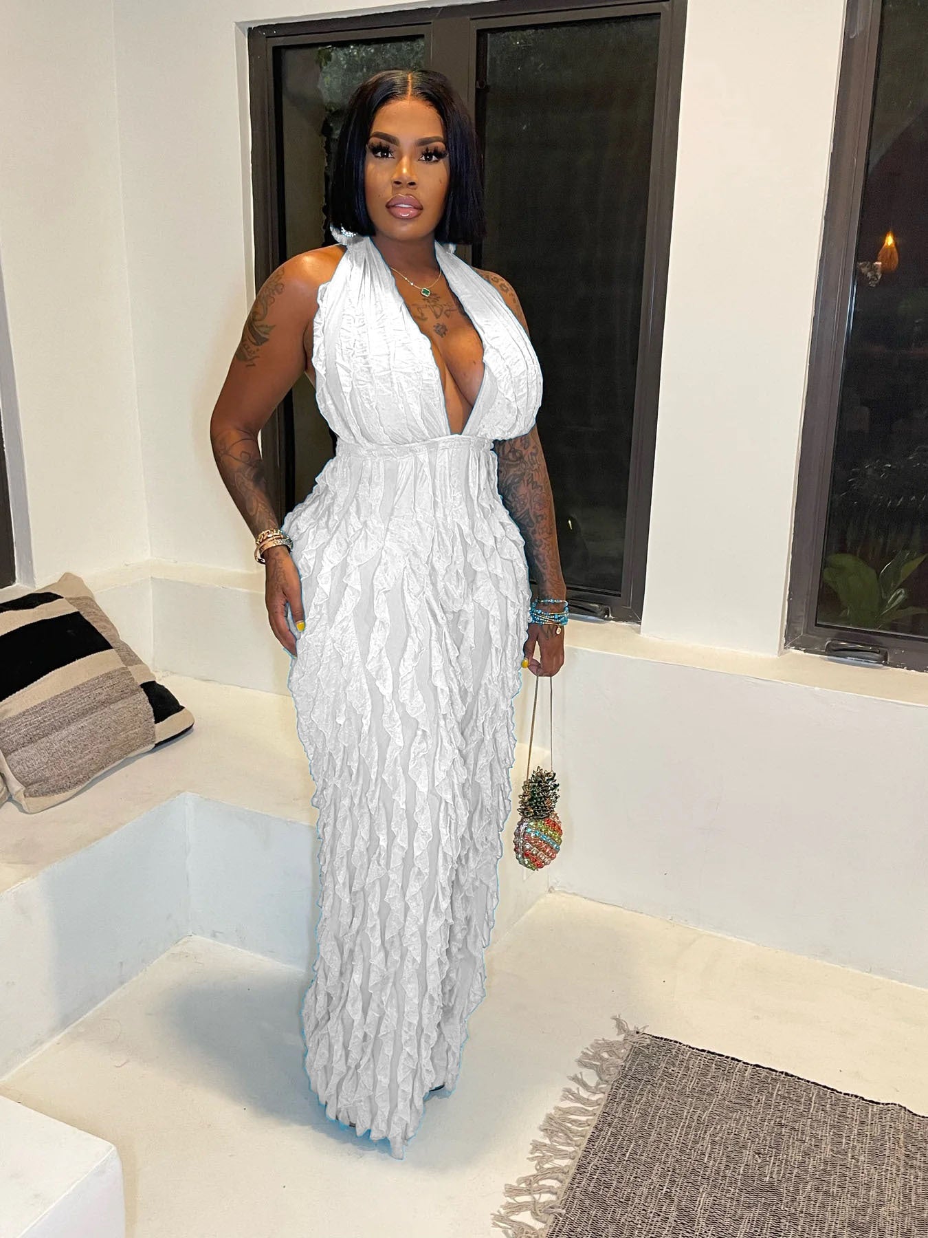 Women's Spring Summer Wavy Pattern Sexy Halter Backless High Waist Jumpsuit