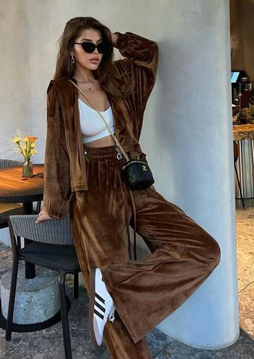 Women Casual Velvet zipper hooded top and wide-leg pants Two Piece Set 6