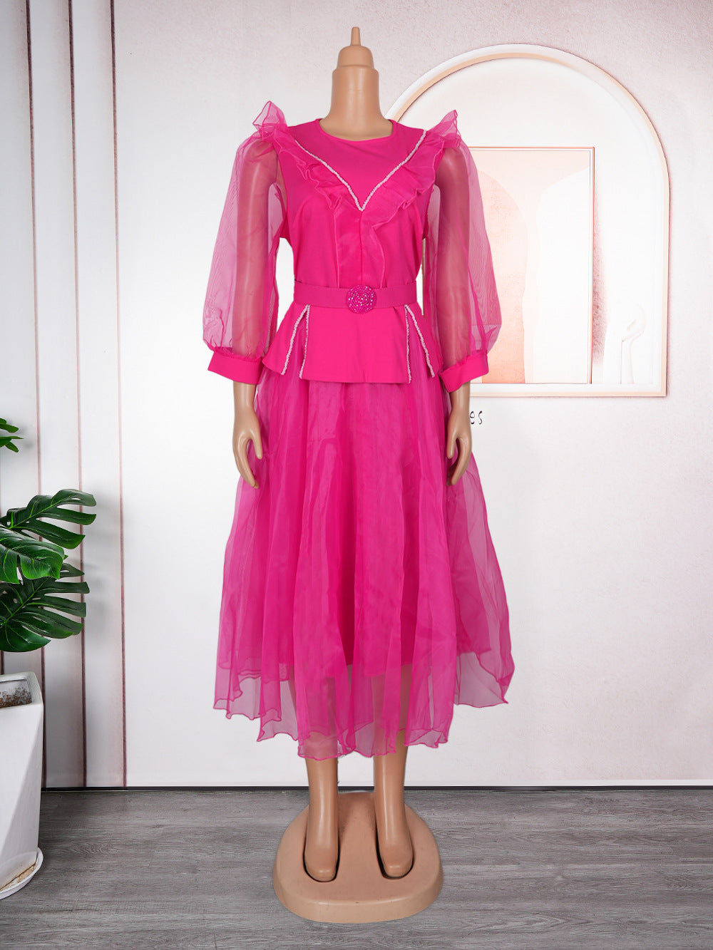 Plus-Size African Women Career Elegant Dress with Belt 17