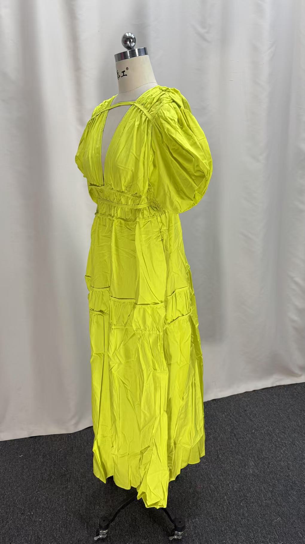 Women Spring V-Neck Zipper Puff Sleeve Hollow Maxi Dress 9