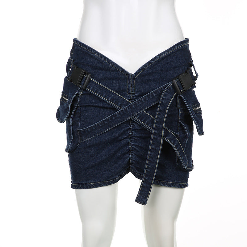 Women Pocket Cross Denim Mini Skirt 7